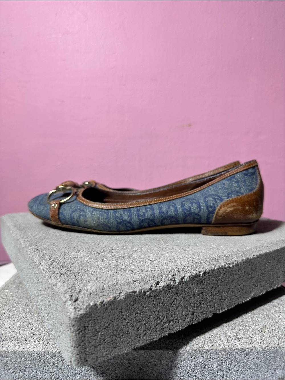 Vintage Gucci GG Denim Monogram Bamboo Horsebit Ballet Flats - Picture 7 of 7